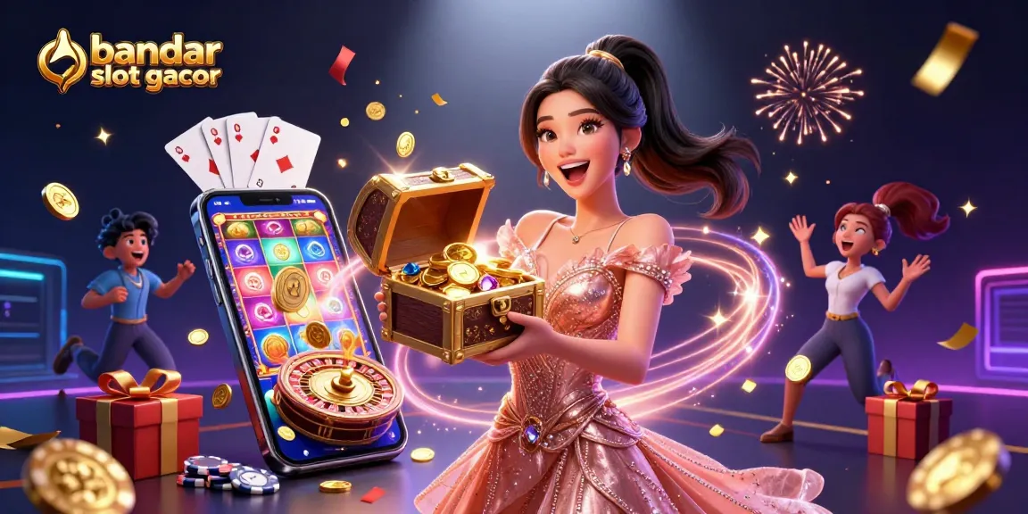Experience the thrill of bandar slot gacor with this vibrant scene featuring treasures and gaming elements.