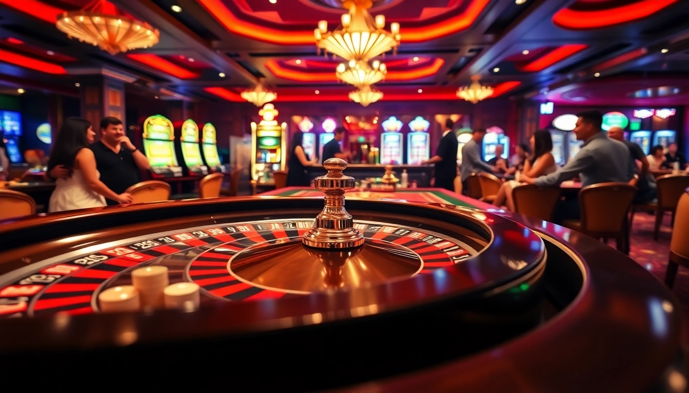 Casino players enjoy an exciting roulette game with colorful chips at a lively table.