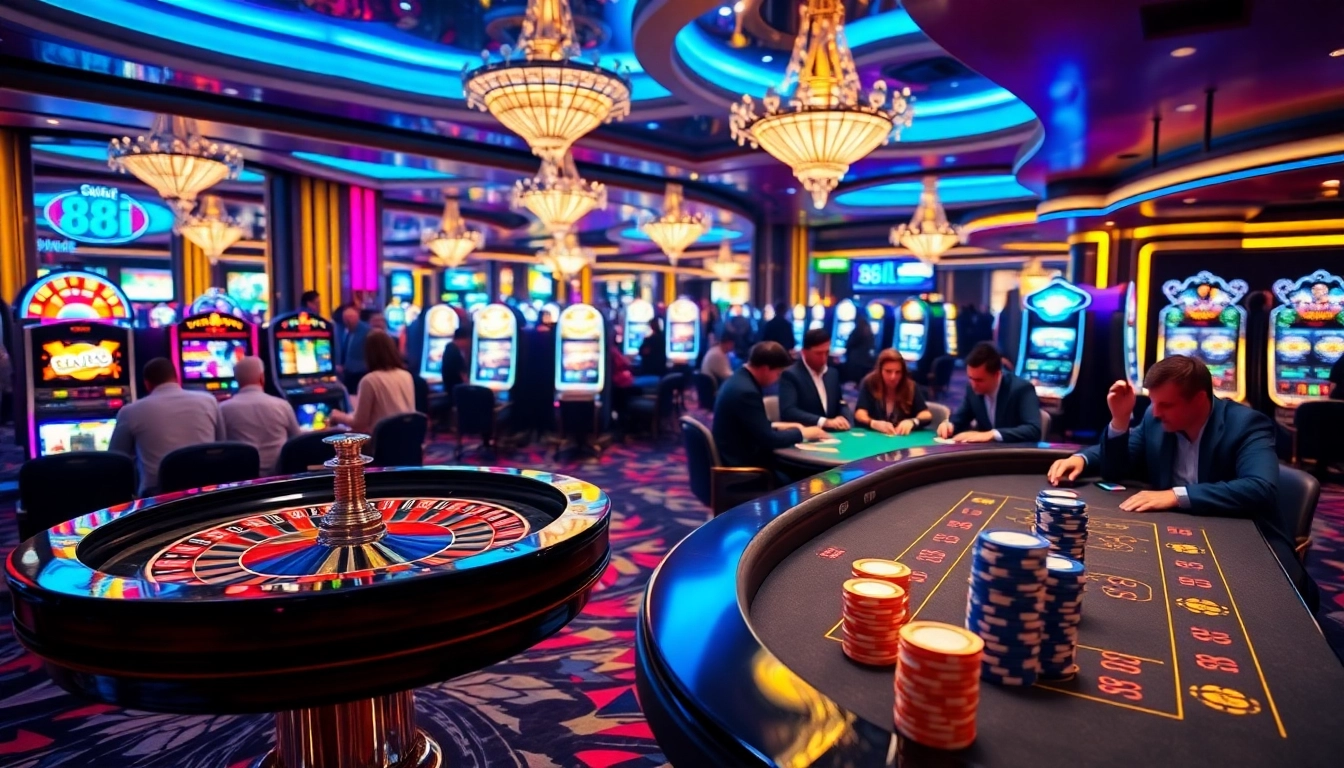Players enjoying a thrilling experience at the 88i casino, surrounded by vibrant tables and slot machines.