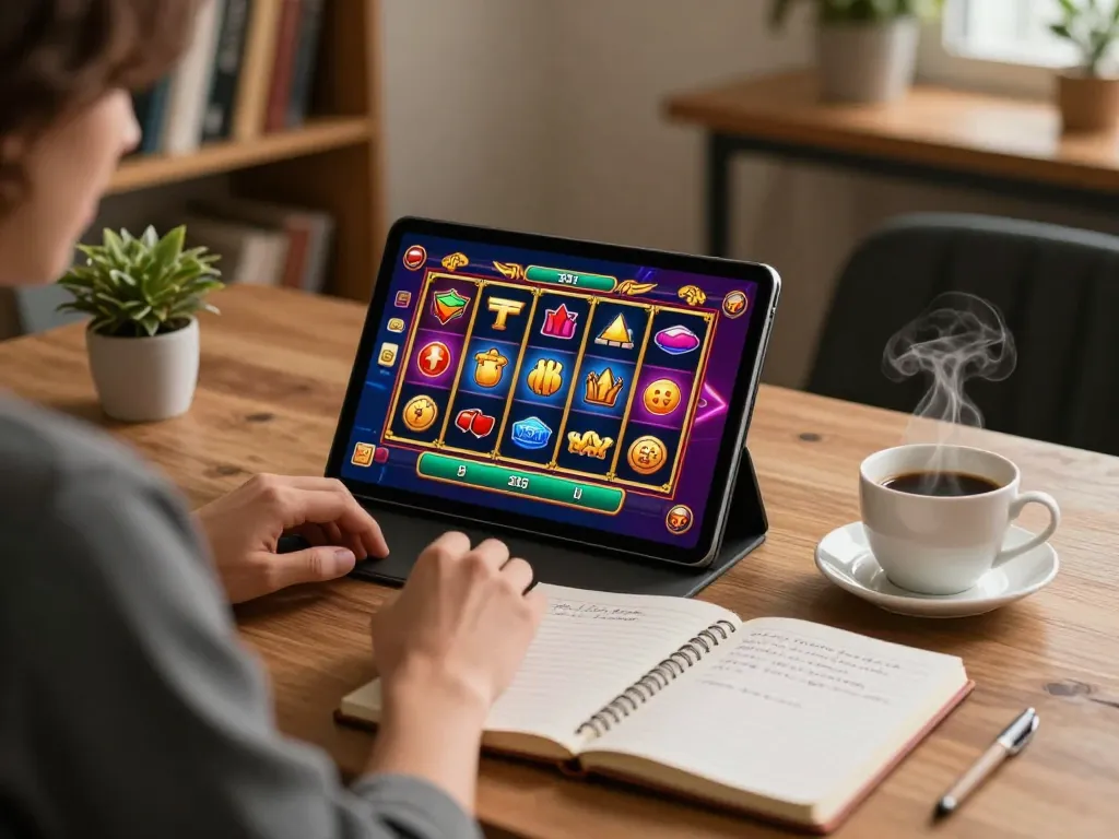 Playing slots on a tablet in a cozy setup with W69 gaming strategies visible