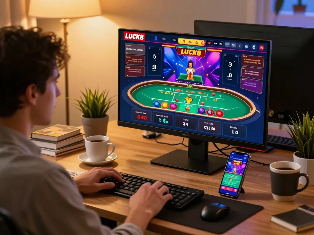 Người dùng tham gia chơi game casino LUCK8 trên nhiều màn hình trong một không gian ấm cúng