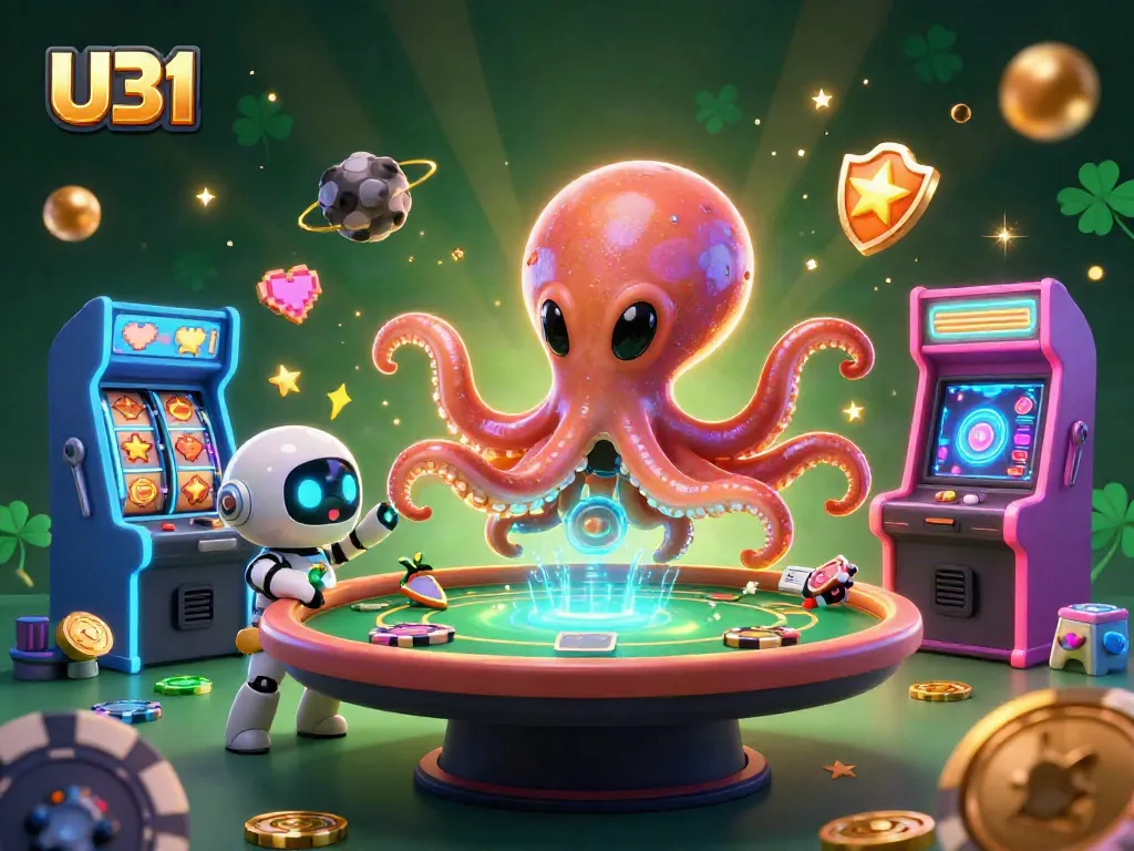 U31 features a vibrant alien octopus playing holographic poker amidst colorful arcade games.