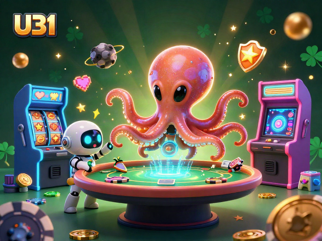U31 features a vibrant alien octopus playing holographic poker amidst colorful arcade games.