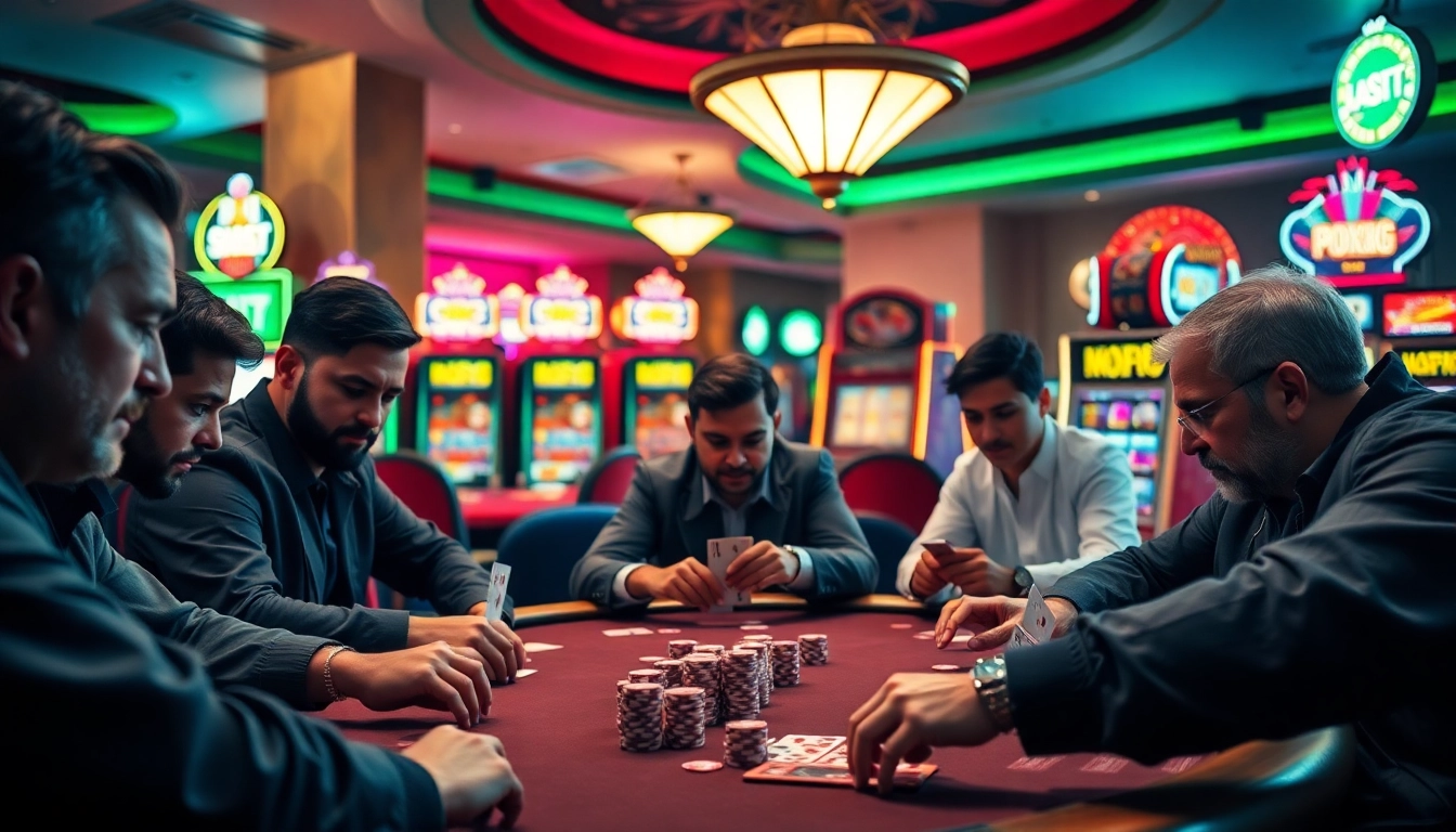 Engaged players participating in an exciting poker game at a lively casino table.