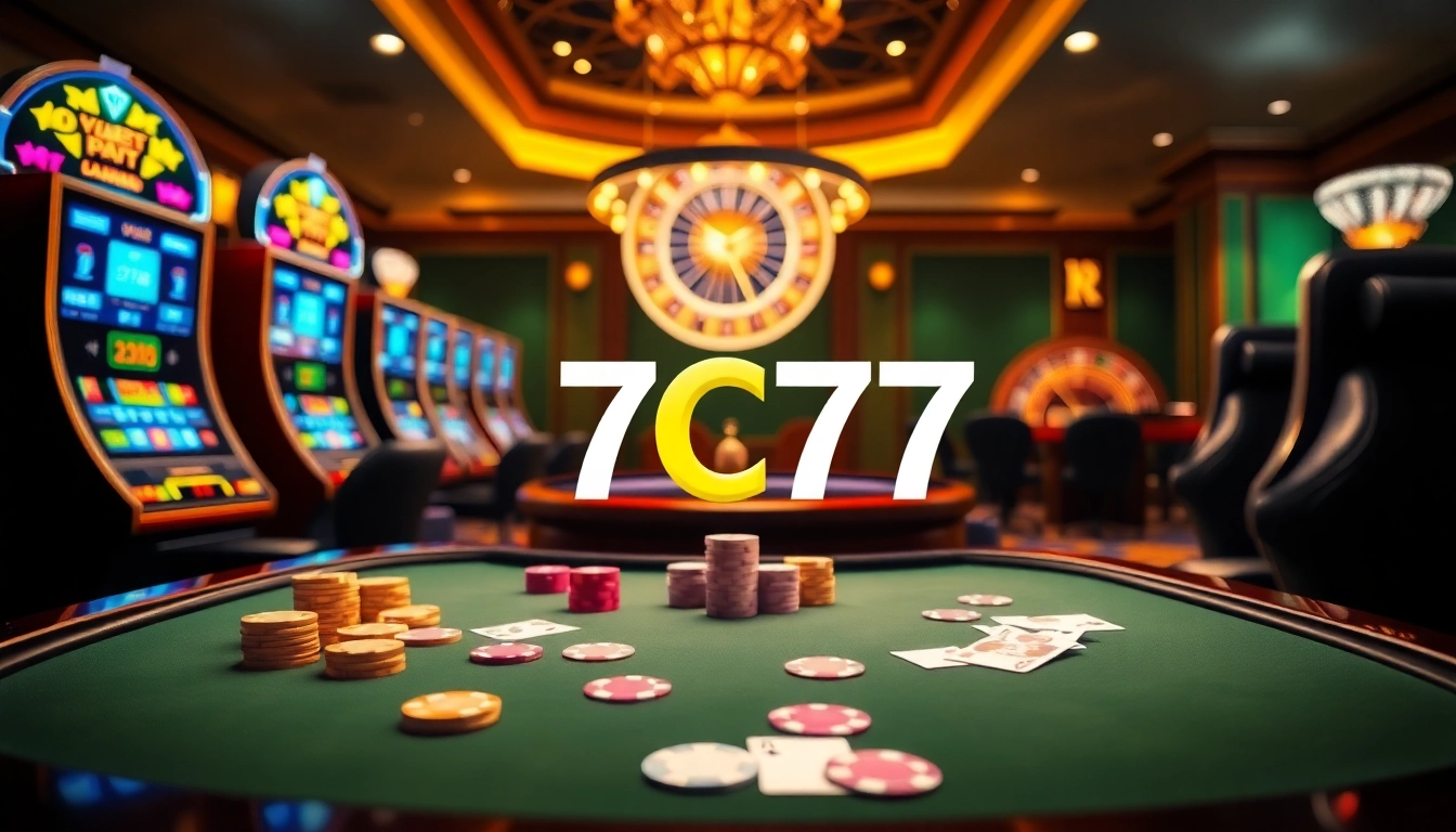Experience the thrill of 7C77 gaming with vibrant casino tables and slot machines.