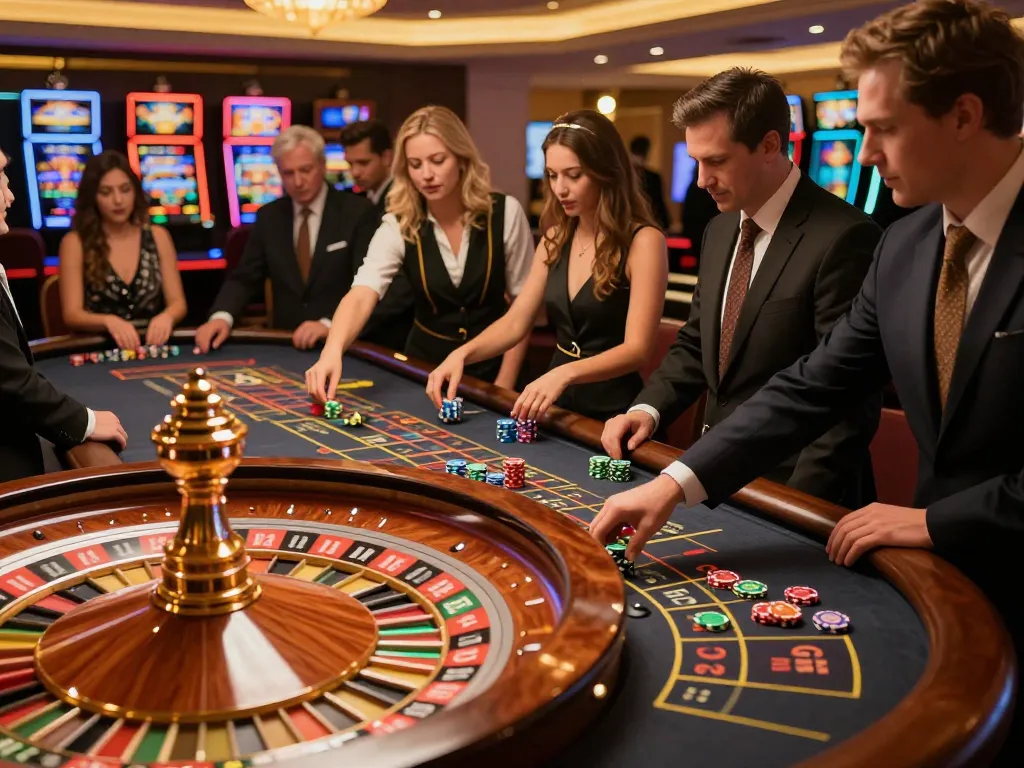 Players engaging with HM88 roulette bets at a luxury casino table, vibrant chips and dynamic croupier action enhancing the excitement.