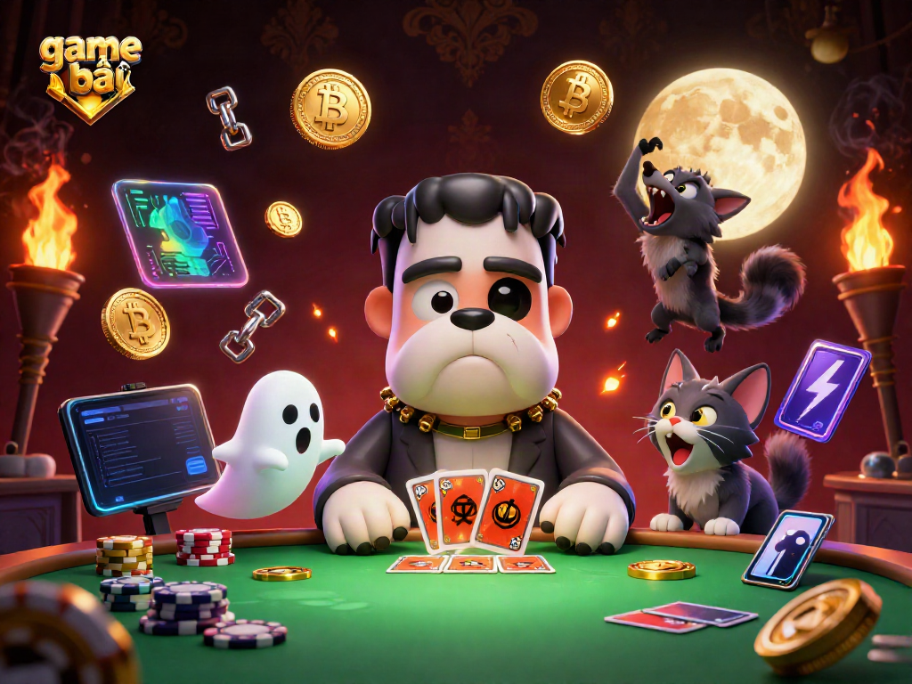 Engaging scene of game bài featuring a Frankenstein bulldog and a werewolf kitten in a casino atmosphere.