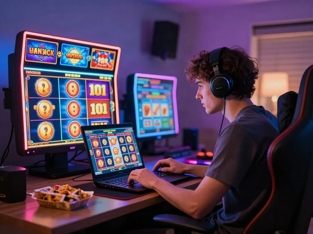 A person playing akunjp slot games on a laptop amid vibrant gaming graphics and an electric atmosphere.