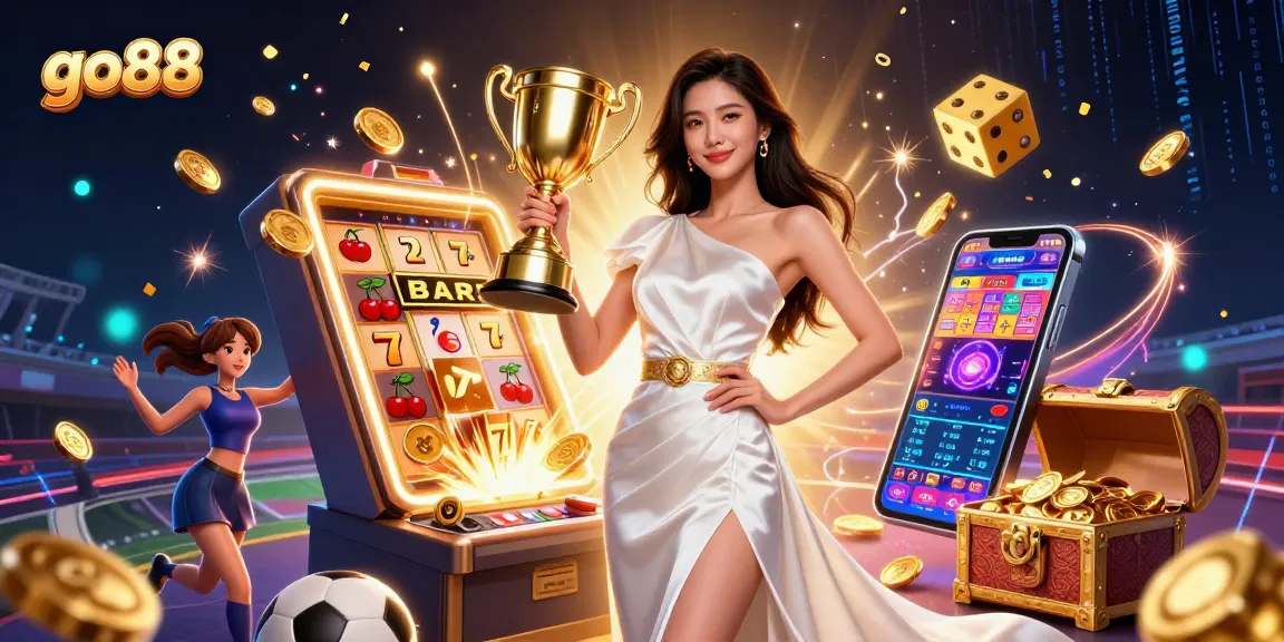 Engage with go88 gaming excitement featuring a confident Asian woman winning at the casino, bathed in golden light.
