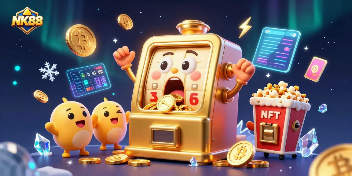 Experience the thrill of NK88 with a victorious slot machine celebrating its jackpot amidst neon crypto elements.