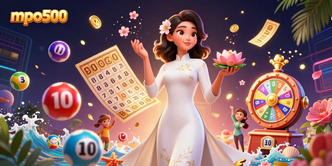 MPO500 engages players with dynamic lottery elements in a vibrant casino-themed illustration.