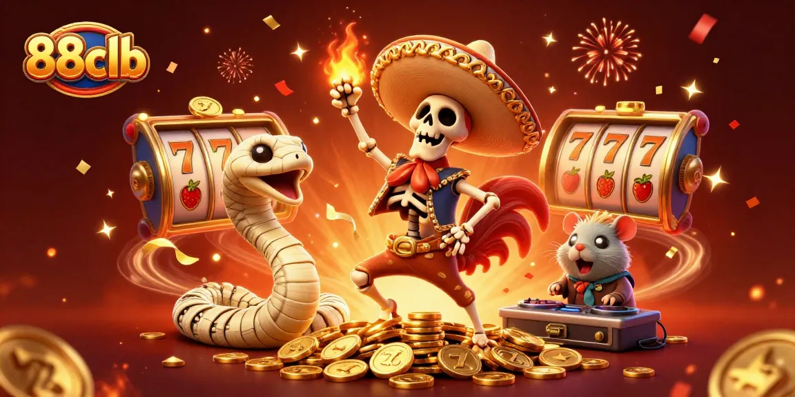 Win with 88clb while a cartoon mariachi rooster dances on golden coins amidst slot symbols.