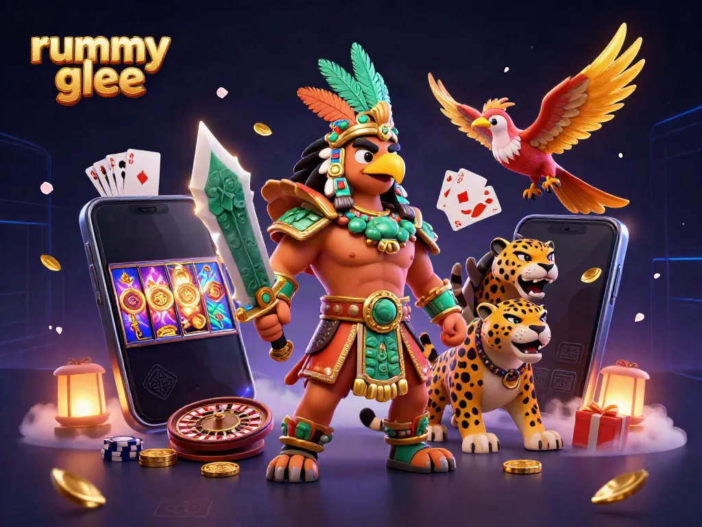 Gambarkan keseruan bermain rummy glee dengan karakter pejuang Aztec dan elemen judi menarik lainnya.