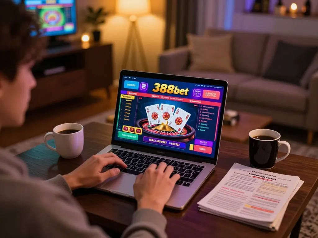 Engaging online gaming experience on 388bet platform, showcasing laptop with poker screen and strategy notes