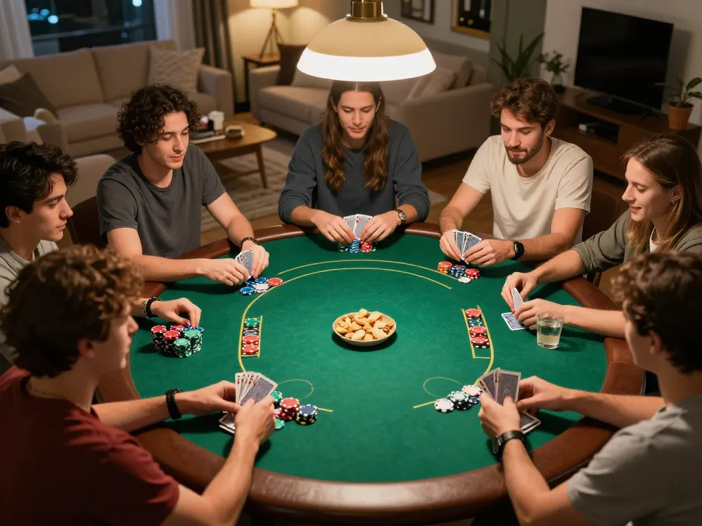 Friends playing poker at home, highlighting competitive spirit and strategic gameplay at xx88.