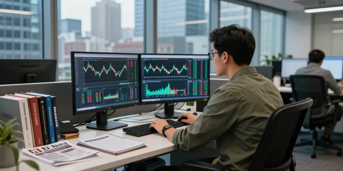 Trader melakukan analisis pasar kakakjudi di kantor modern yang penuh dengan informasi terkait perdagangan.