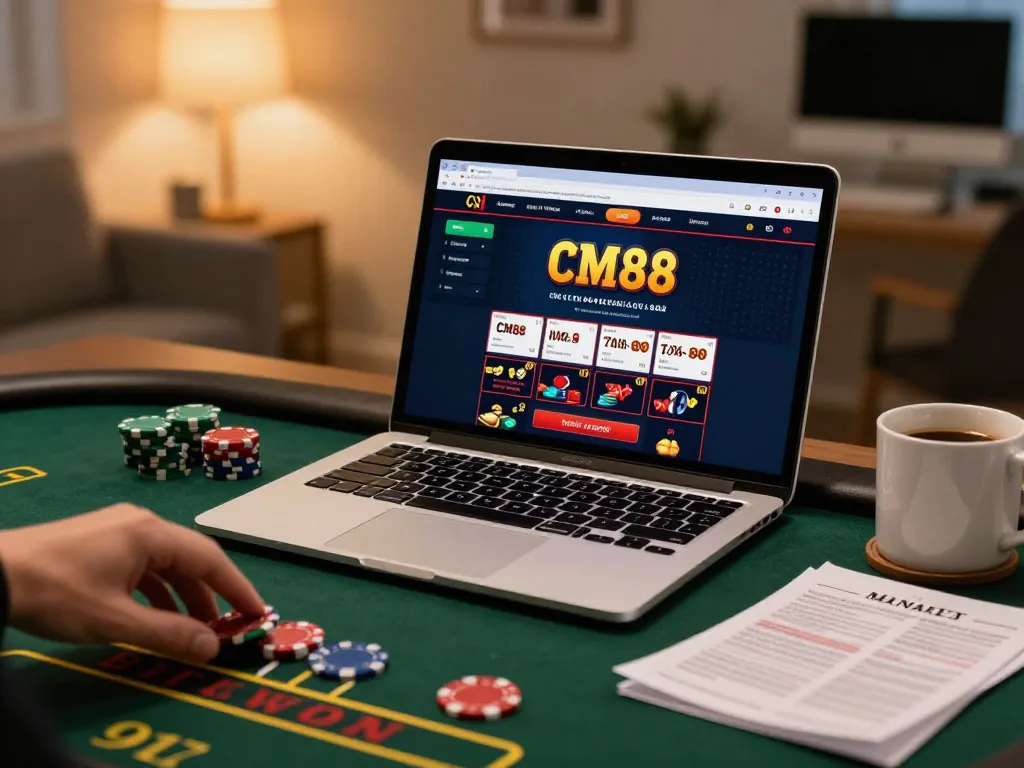 Playing blackjack on CM88 online casino interface using laptop with cozy home atmosphere
