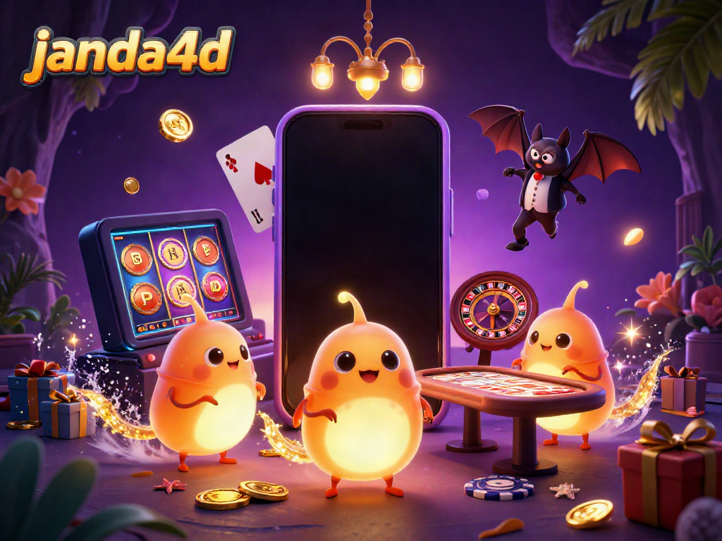 Janda4d menghadirkan suasana bermain slot dengan karakter serangga bercahaya di kasino.
