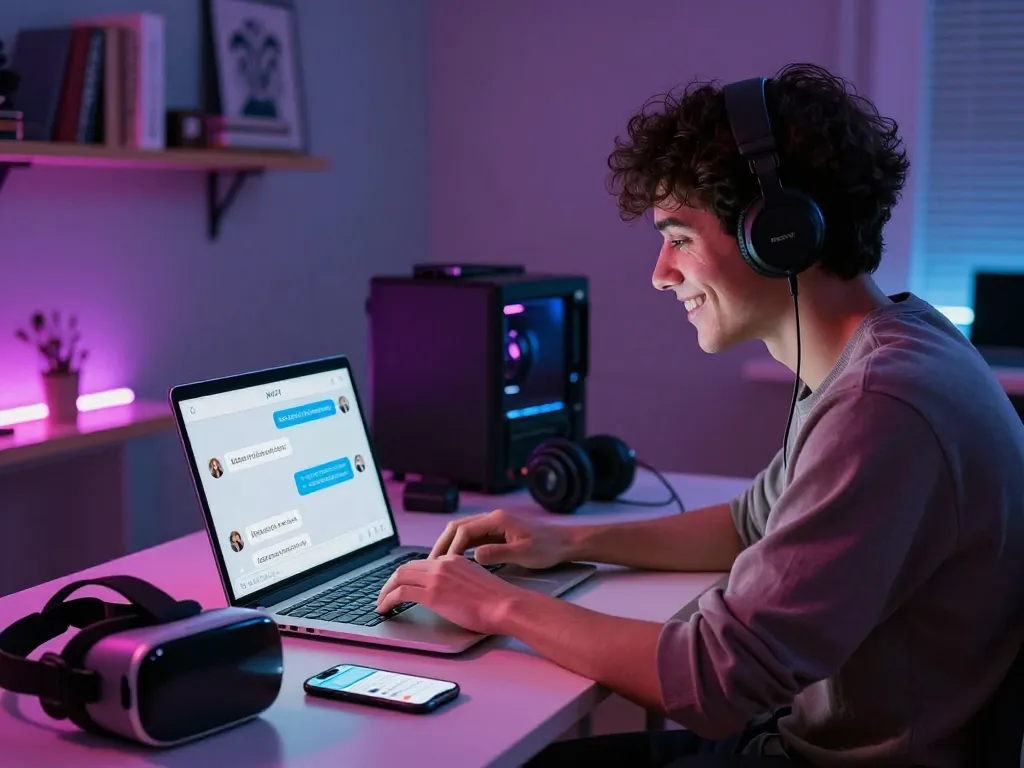 Engaging with NSFW AI chatbot on a laptop in a modern ambient setup, showcasing a person smiling amidst tech gadgets.