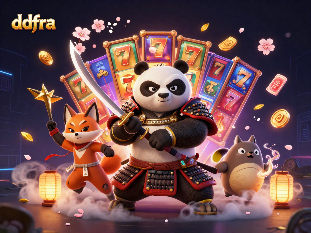 Engage with ddfra's vibrant 3D casino illustration featuring a samurai panda and gaming elements bursting with energy.