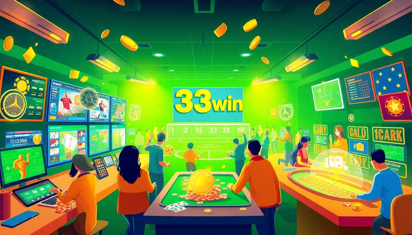 Engaging scene depicting online gambling experience at Trang chỉ 33win with players enjoying various gaming options.