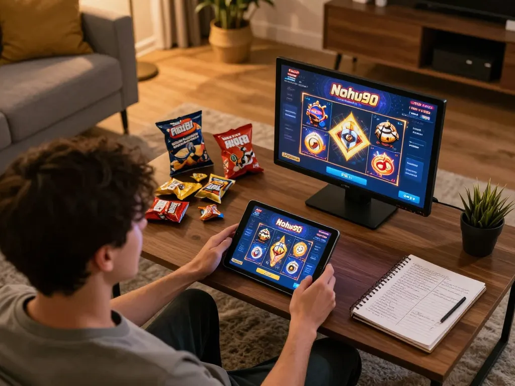Nohu90 player engaging with online slots in a cozy home setup, capturing strategic gameplay.