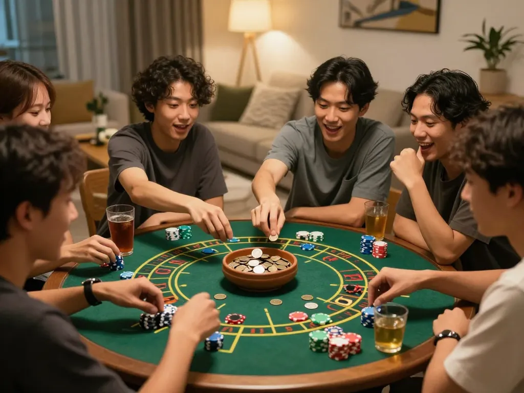 Friends engaging in an exciting game of xóc đĩa at home, highlighting social gambling fun.