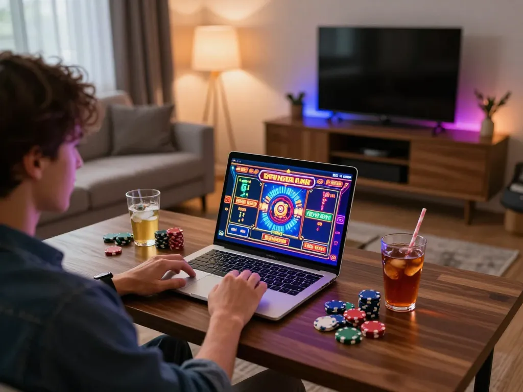 Engaged user navigating vt88 online slots in a stylish home gaming setup.