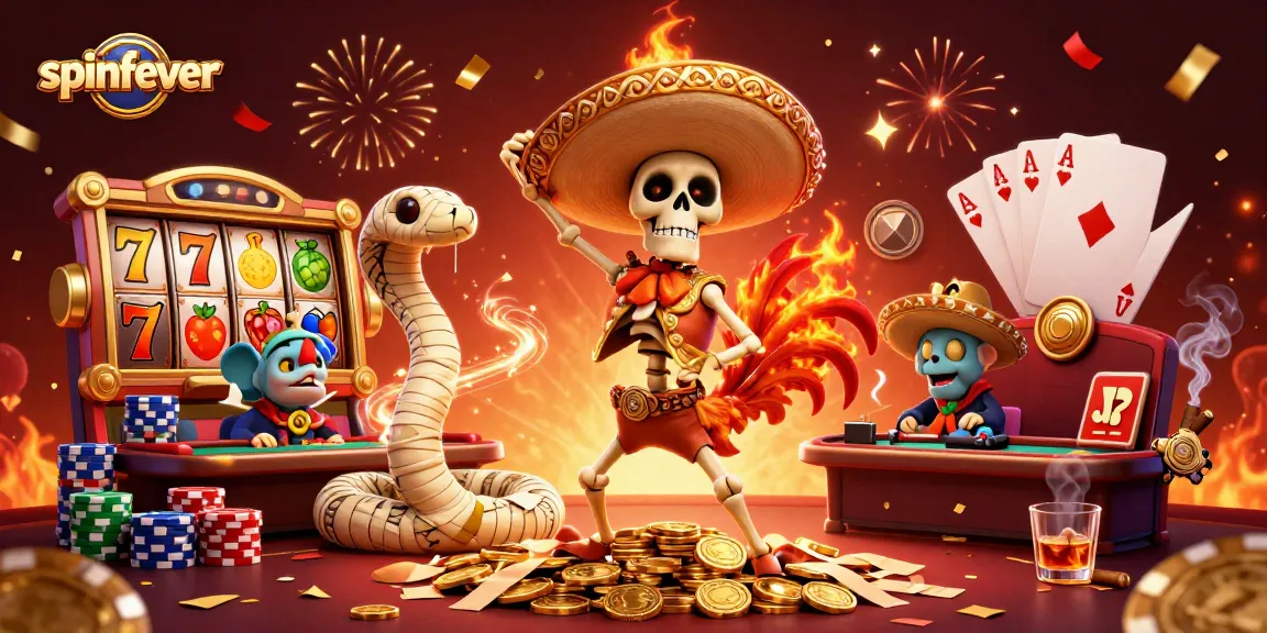 Spinfever's victorious animated characters exuberantly celebrate amidst a busy casino scene.