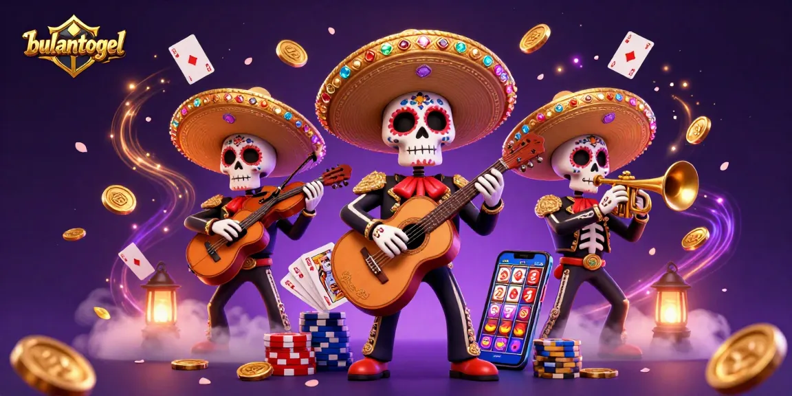 Gambarlah bulantogel dengan band mariachi tengkorak bermain di dunia kasino yang penuh warna.