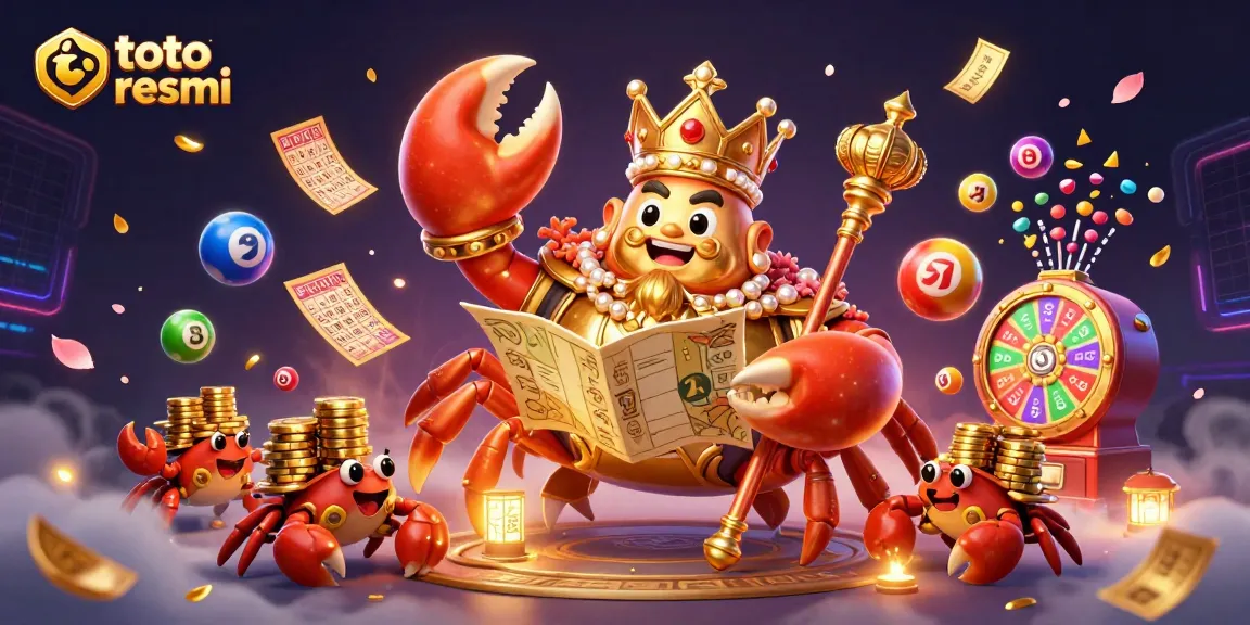 Win big with engaging visuals at toto slot resmi featuring a cheerful crab emperor and lottery fun.
