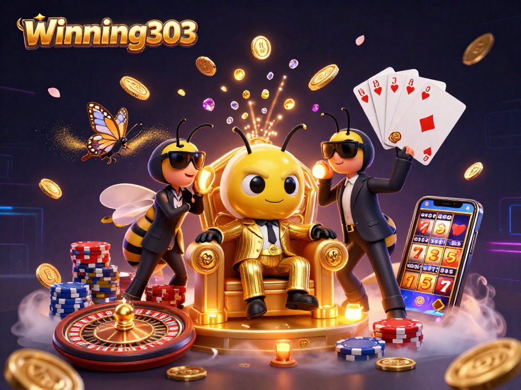 winning303 showcases a vibrant casino scene with a bumblebee mob boss and treasures cascading around.