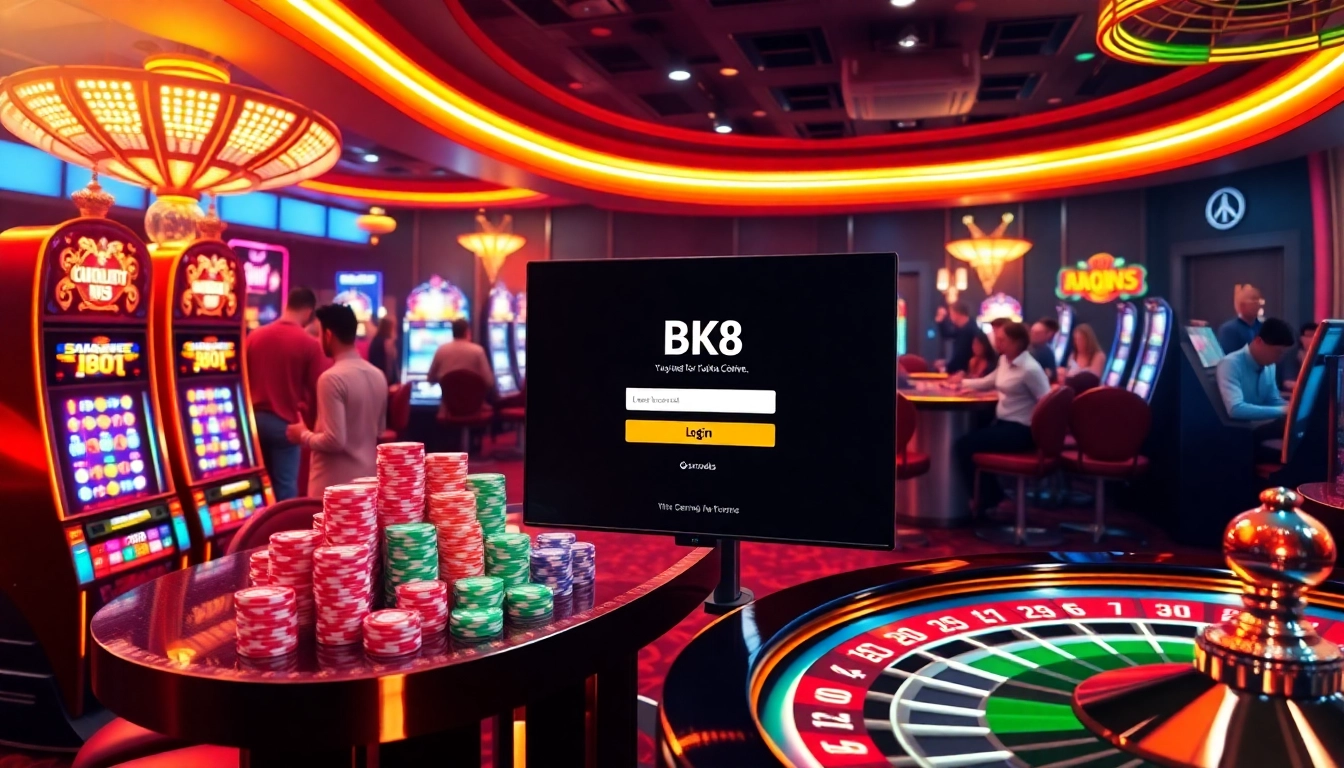 Login interface for BK8, showcasing vibrant casino elements and an exciting gaming atmosphere.