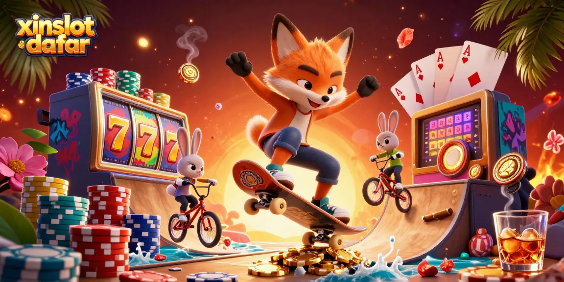 XINSLOT daftar enhances gaming thrills with vibrant visuals of a gambling scene filled with fun characters.