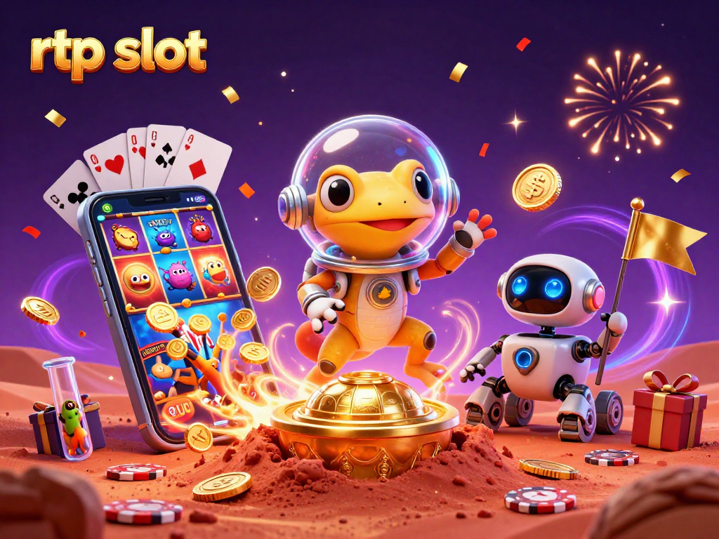 Menangkan dengan rtp slot dalam ilustrasi kasino 3D, gecko Martian dan robot rover beraksi.