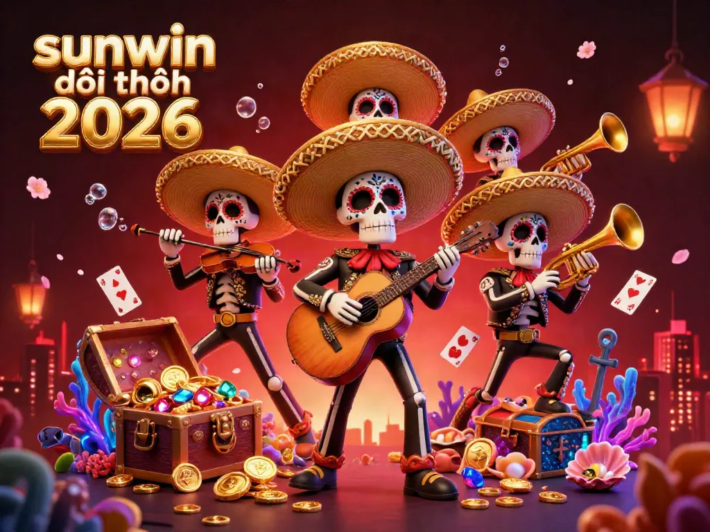 Experience the excitement of sunwin đổi thưởng 2026 with a vibrant 3D casino illustration featuring lively mariachi skeletons.