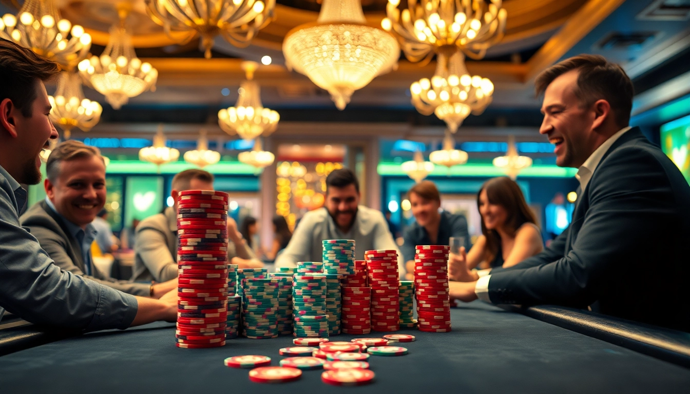 Slot deposit 5000 dalam suasana kasino, dengan pemain antusias di meja poker.
