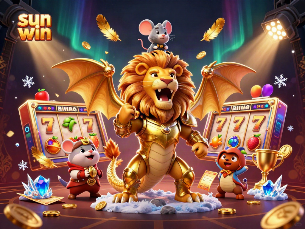 Experience the thrill of sun win with a dynamic chimera creature celebrating amidst slot reels and gold coins.