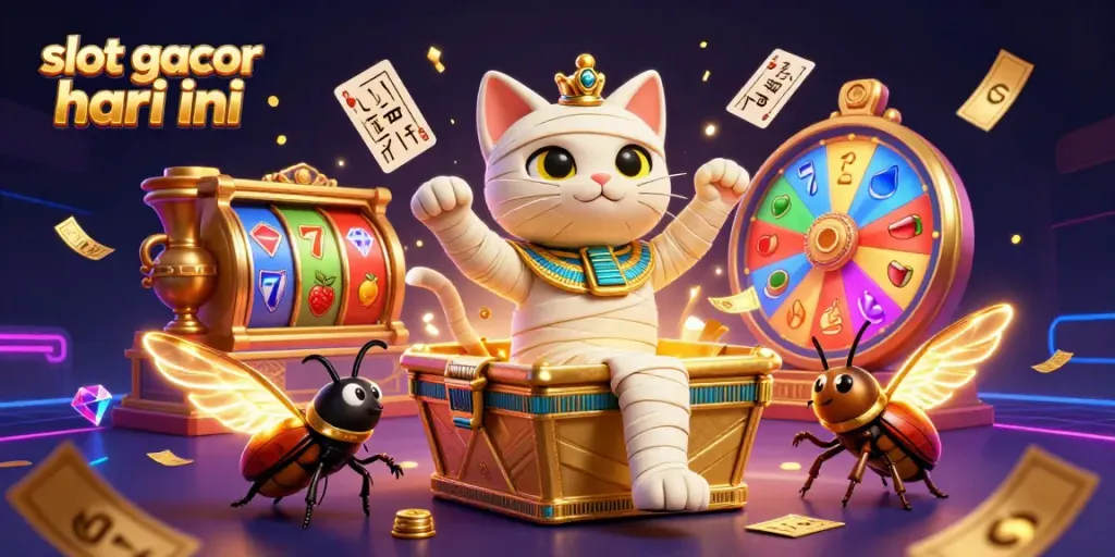 Gambaran slot gacor hari ini dengan kucing mumia 3D dan elemen slot di kasino piramida.