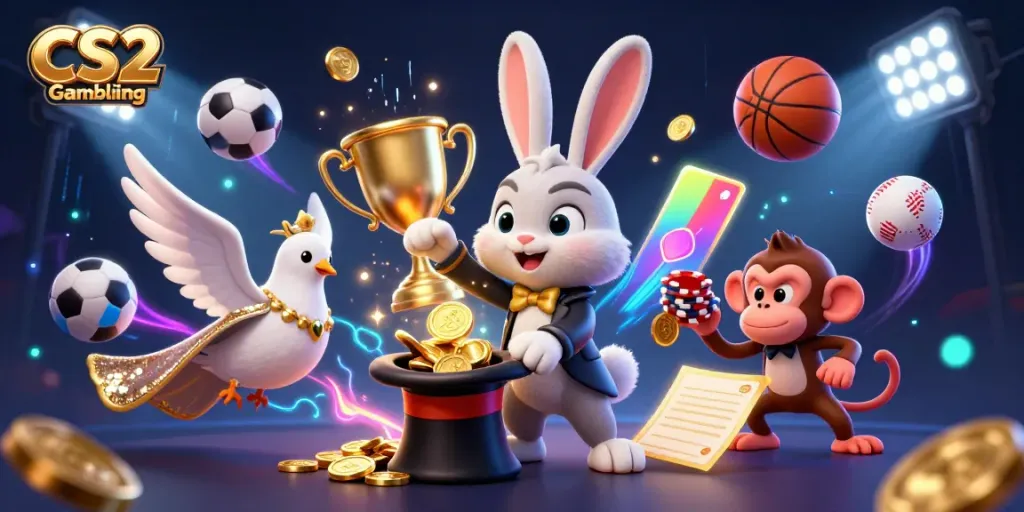 Engage in CS2 Gambling with playful characters and dynamic gaming elements in a vibrant scene.