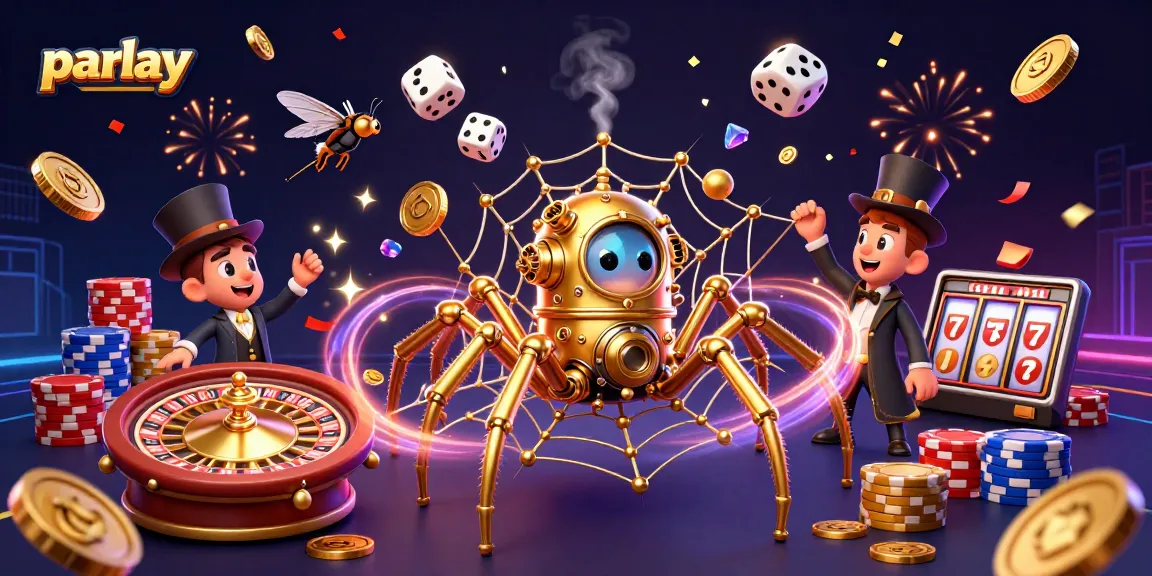 Engage in thrilling parlay bets with golden spider web and Victorian fly in a vibrant casino scene.