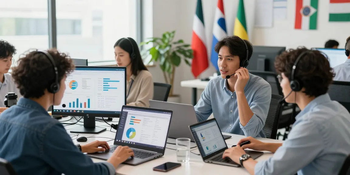 La mejor app de llamadas internacionales en uso por profesionales reunidos en una oficina moderna.