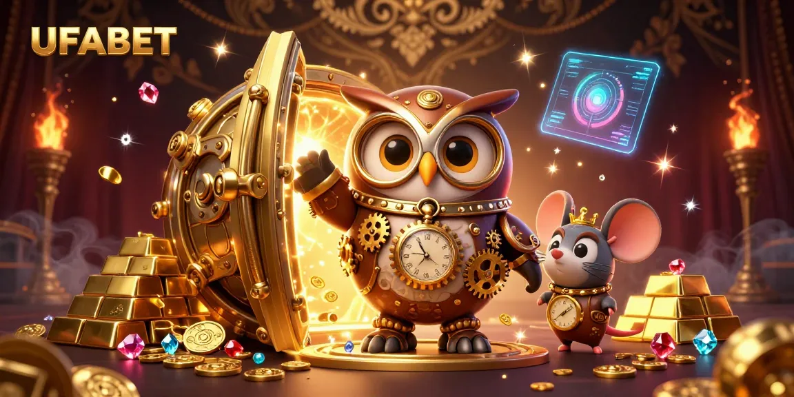 Win big with UFABET in a vibrant 3D casino scene featuring a time-traveling owl and treasures.