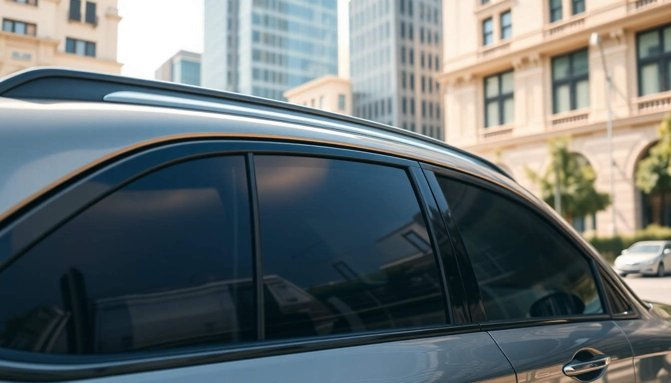 See premium auto window tint near me on a stylish vehicle in an urban landscape.