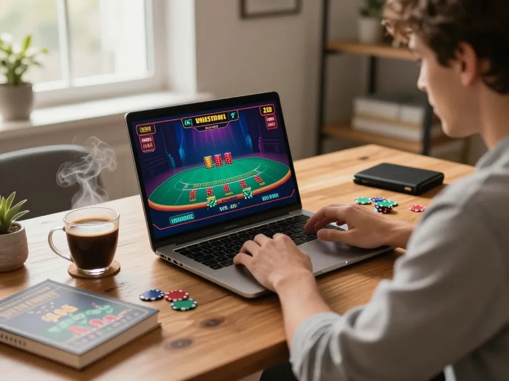 Playing blackjack online at 33win with intense focus on the live game interface in a cozy home setting.