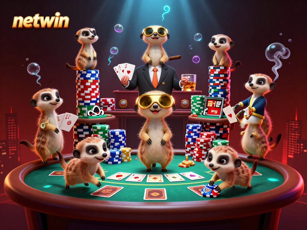 Meerkats managing a vibrant casino operation, showcasing netwin’s engaging gaming environment.