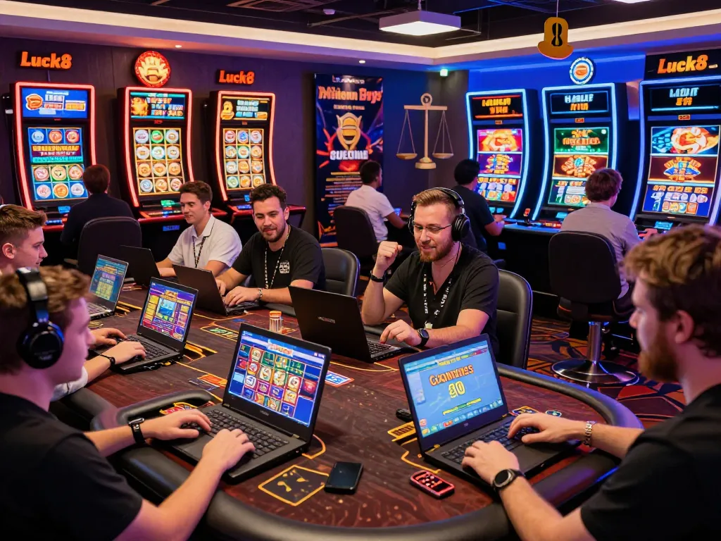 Luck8 online gambling scene featuring diverse players enjoying games on laptops and mobiles in a vibrant digital casino atmosphere.