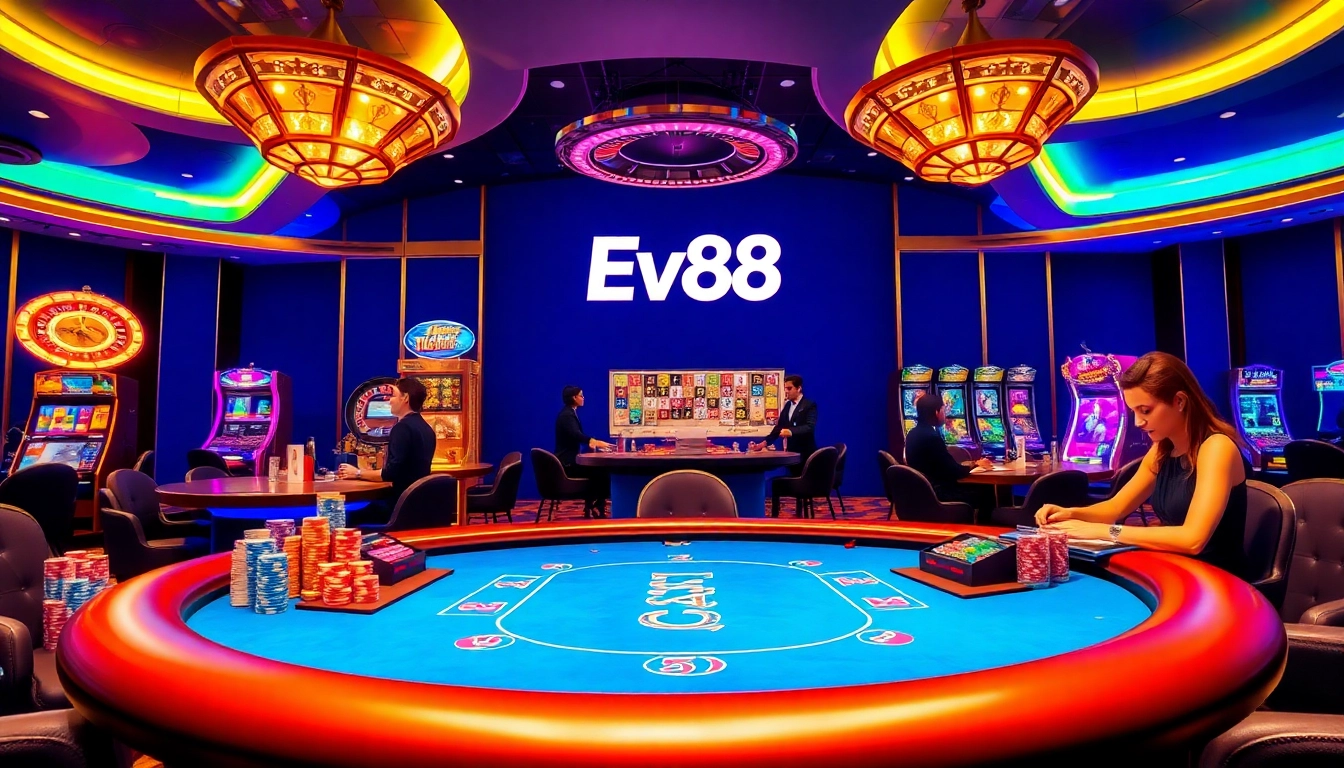 Experience the thrill of Ev88 with an elegant casino scene featuring professional gaming tables, bright slot machines, and excited players.