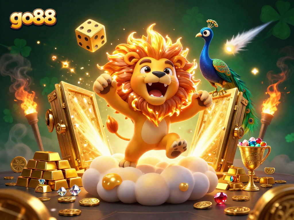 Experience go88 with a triumphant lion and golden elements, promising exciting casino adventures.