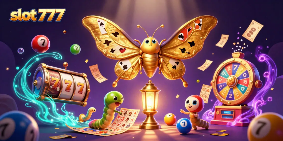 Engage with slot777 as colorful balls and vibrant bingo cards dance around a majestic atlas moth scene.